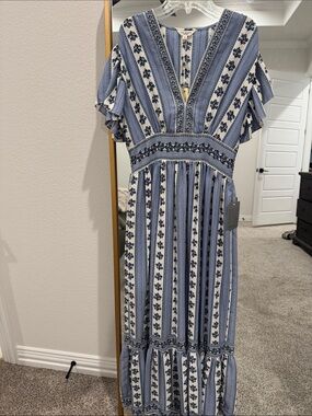 Max Studio Boho Blue and White Striped Maxi Dress